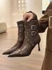 Spice Girl! Black Rivet Pointed High-heeled Short Boots Women's 2025 Autumn New Fashionable Versatile Soft Leather Spring and Autumn Single Boots