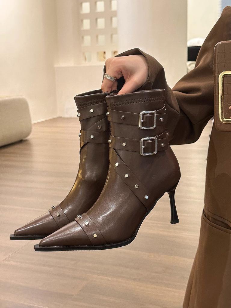 Spice Girl! Black Rivet Pointed High-heeled Short Boots Women's 2025 Autumn New Fashionable Versatile Soft Leather Spring and Autumn Single Boots