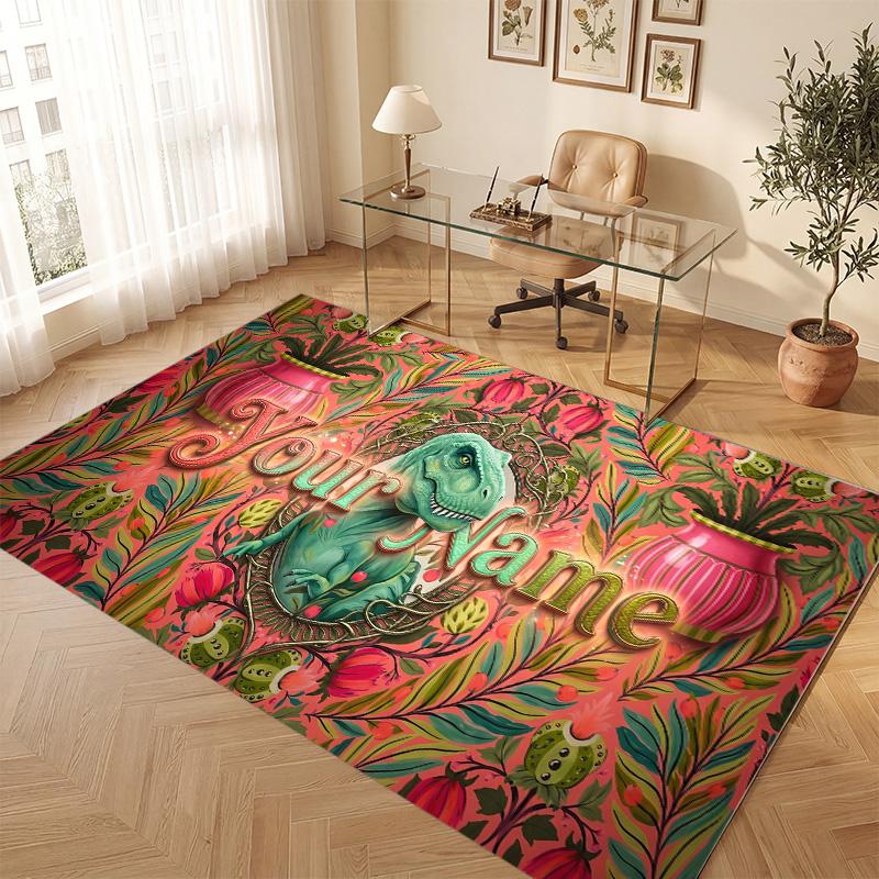 Dinosaur Theme Soft Crystal Velvet Rug Custom Name & Text Print Non Slip Floor Rug for Bedroom Living Room