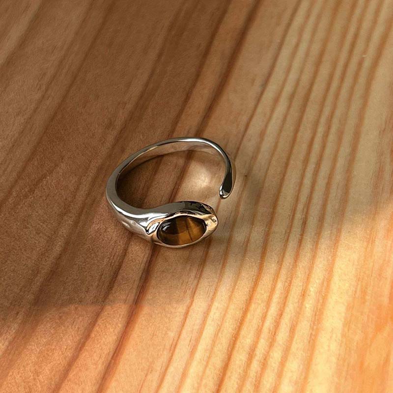 

Vintage Brown Tiger Eye Stone Rings for Women Men Silver Color Irregular Round Opening Ring Aesthetic Jewelry Gift Free Shipping