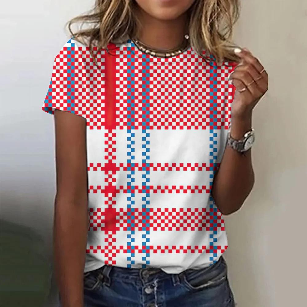 Plaid Printing Women's Printing Fashion Crew Neck Short Sleeve Casual Daily Wide T-Shirt Clothing