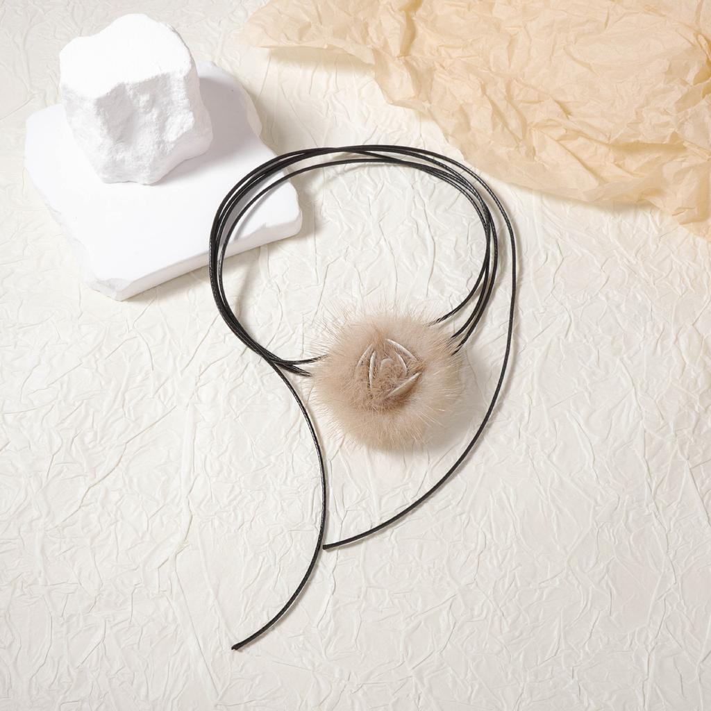 French light luxury high-end niche design sense flower plush pendant long leather rope women's necklace versatile fashion