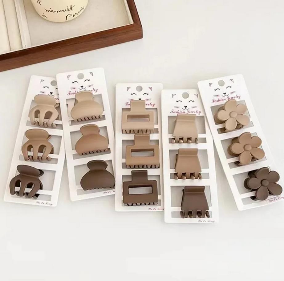3Pcs/set Small Hair Claw Frosted Geometric Simple Hairpin Hair Clip Barrettes Women Girls Headwear Hair Accessories Coffee Color