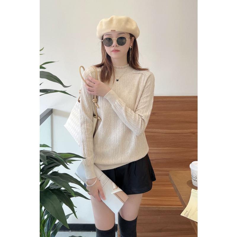 Beaded Bottom Shirt Women's Loose Spring Half High Neck Sweater Long Sleeve Top