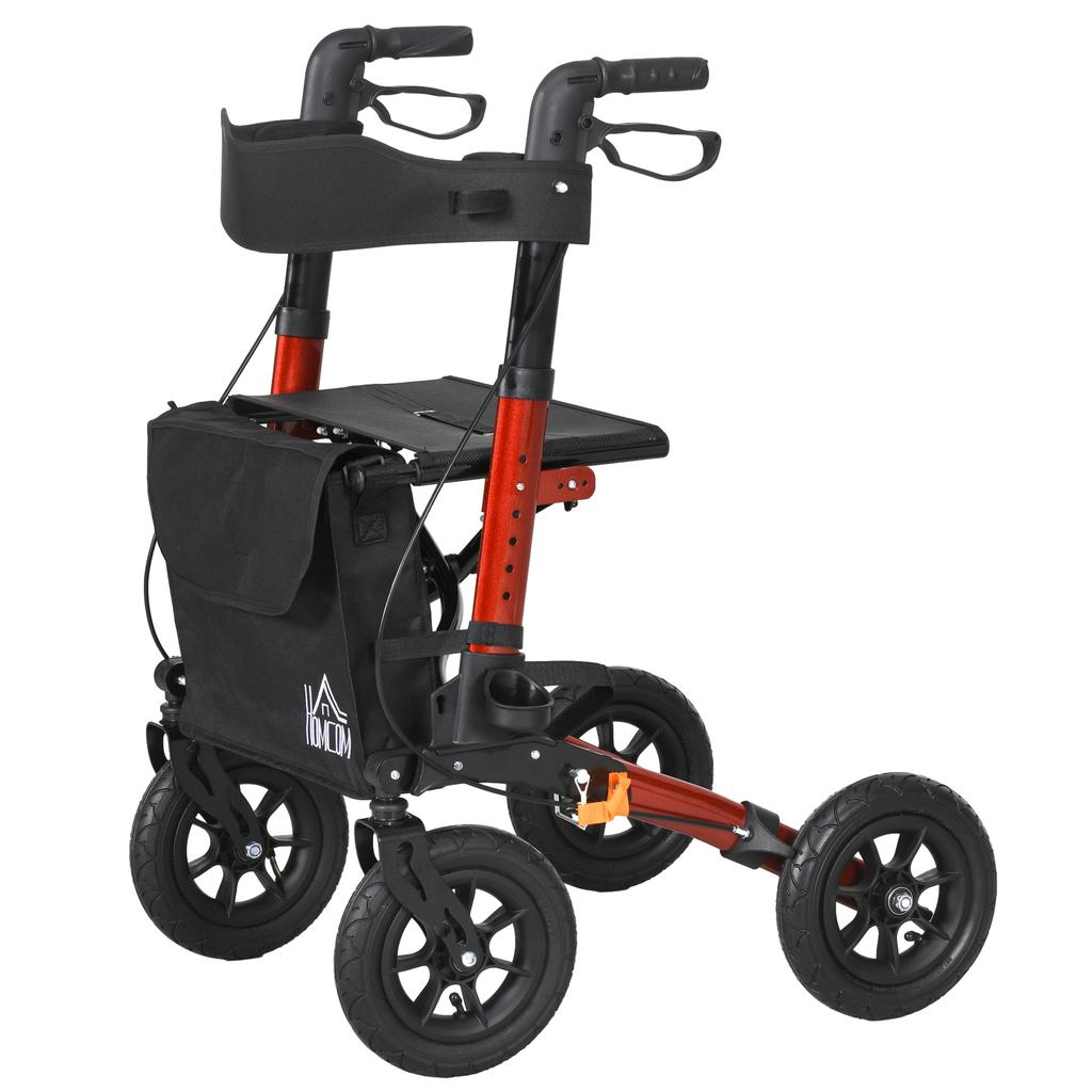 Lightweight Walking Frame, Rubber Wheels, Rollator Walker with Seat and Wheels with Adjustable Handle, Bag, Red