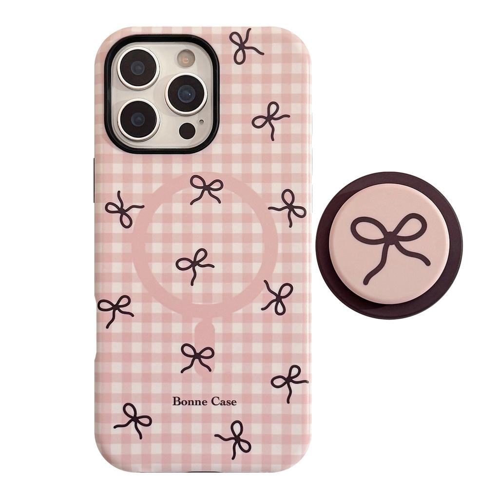 Checked Bow Magnetic Bracket IPhone16promax IPhone Case 14 Suitable for 13 Film 15 Sweet