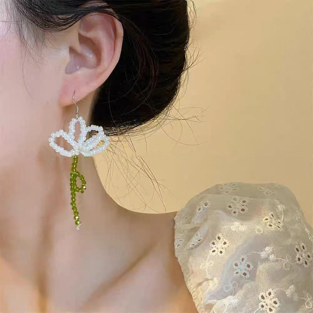 Pastoral Style Tulip Beaded Flower Earrings Forest Style Asymmetrical Spring And Summer Earrings Small Fresh Sweet And Gentle Earrings