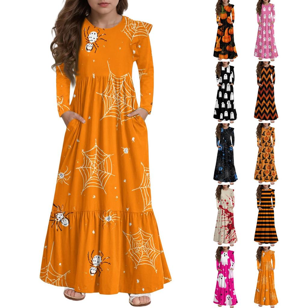 Girls' Tiered Ruffle Dress Halloween Day - Long Sleeve Printed Maxi With Pockets