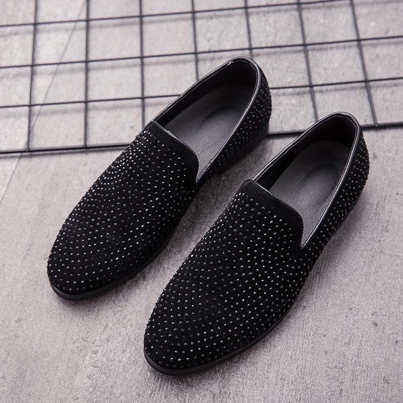 Men's Rhinestone Slip-On Leather Loafers - Pointed Toe, Large Size, British Casual Style.