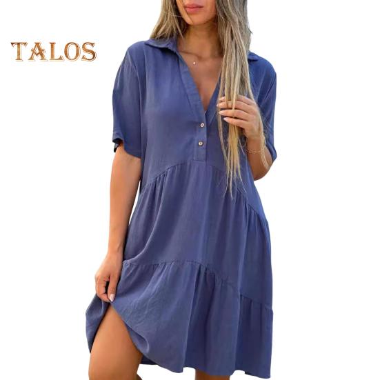 Sommerkleid für Damen, V-Ausschnitt, Revers, plissierter Patchwork-Saum, einfarbig, lockere A-Linie, große Schaukel, kurze Ärmel, knielang, Midikleid