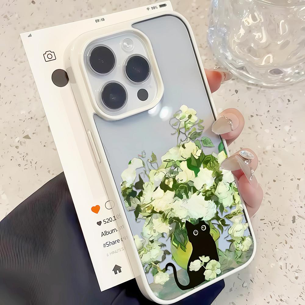 Flowers and Black Cat Phone Case For iPhone 17 11 12 13 14 15 16 Pro Max 14 15 16 Plus Shockproof Silicone Clear Bumper Cover