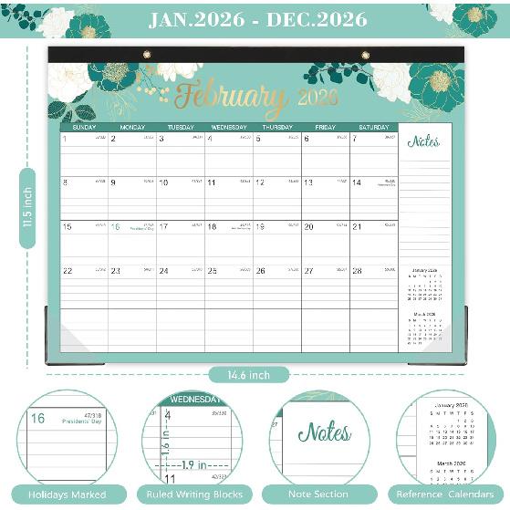 2026 Desk Calendar - Jan. 2026 - Dec. 2026, 12 Months Desk/Wall Calendar 2026, 15" x 12", 2-in-1 Desk Calendar, Holidays, Notes, Cutting-line Design,