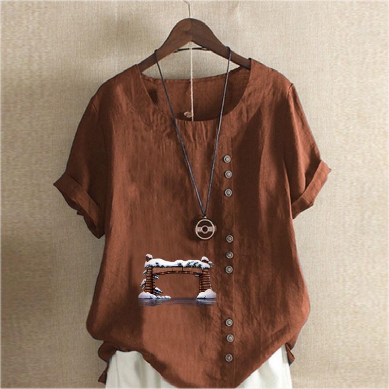 Women's Fashion Round Neck Short Sleeve T-shirt Casual Cotton Linen Graphic Shirt Leisure Loose Door Prined Summer Blouse Tops
