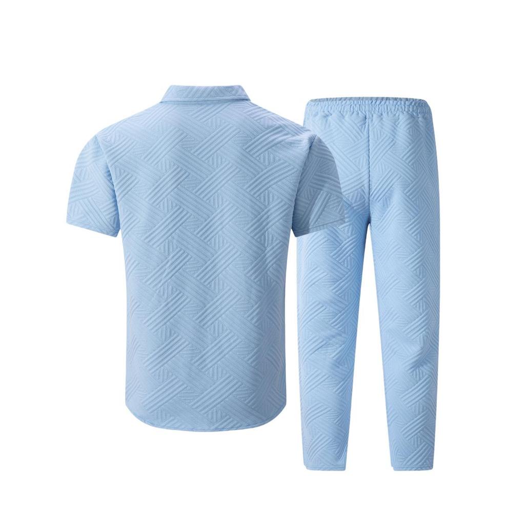 Men's Summer Solid Color Jacquard Lapel Cardigan & Long Pants Two-Piece Set