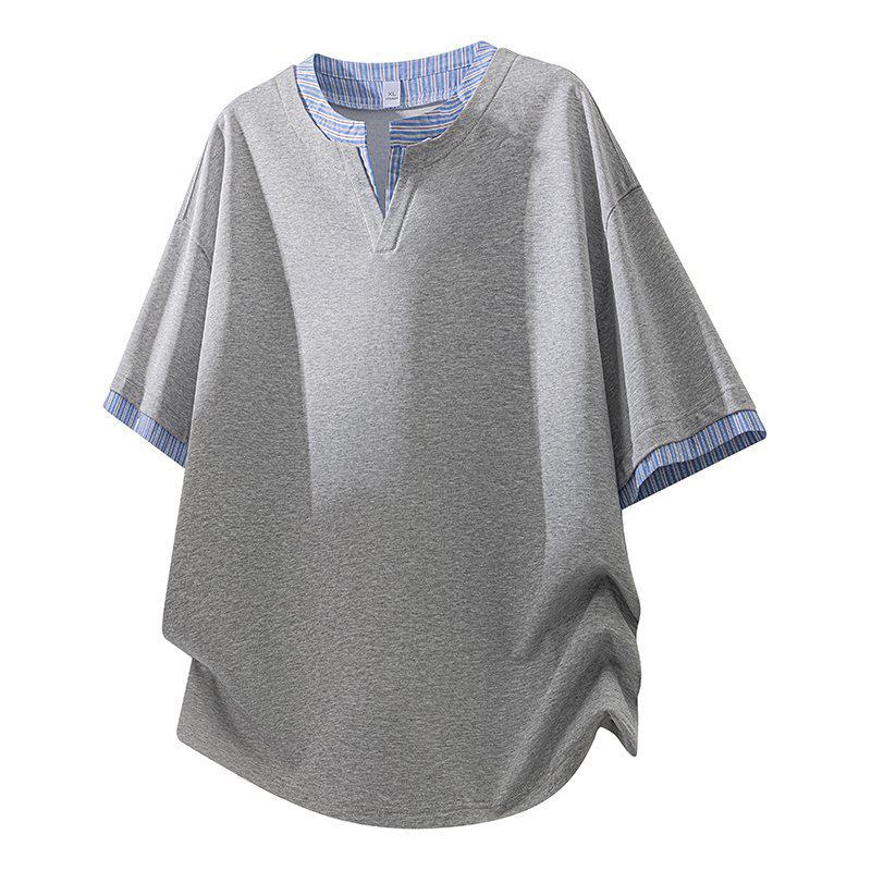 Men's Summer V-Neck Japanese Style Striped Two-Piece Look Shirt