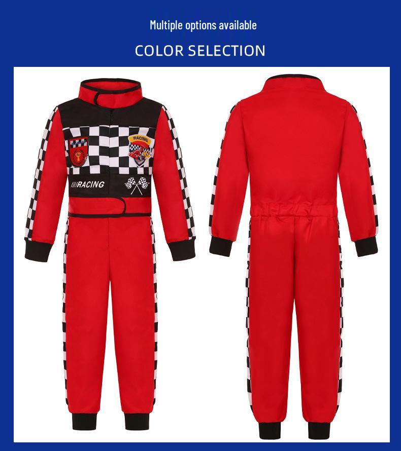 Red & Black Racing Suit for Kids: One-Piece Track-Style Outfit, Perfect for Festivals, Parties, and Performances.