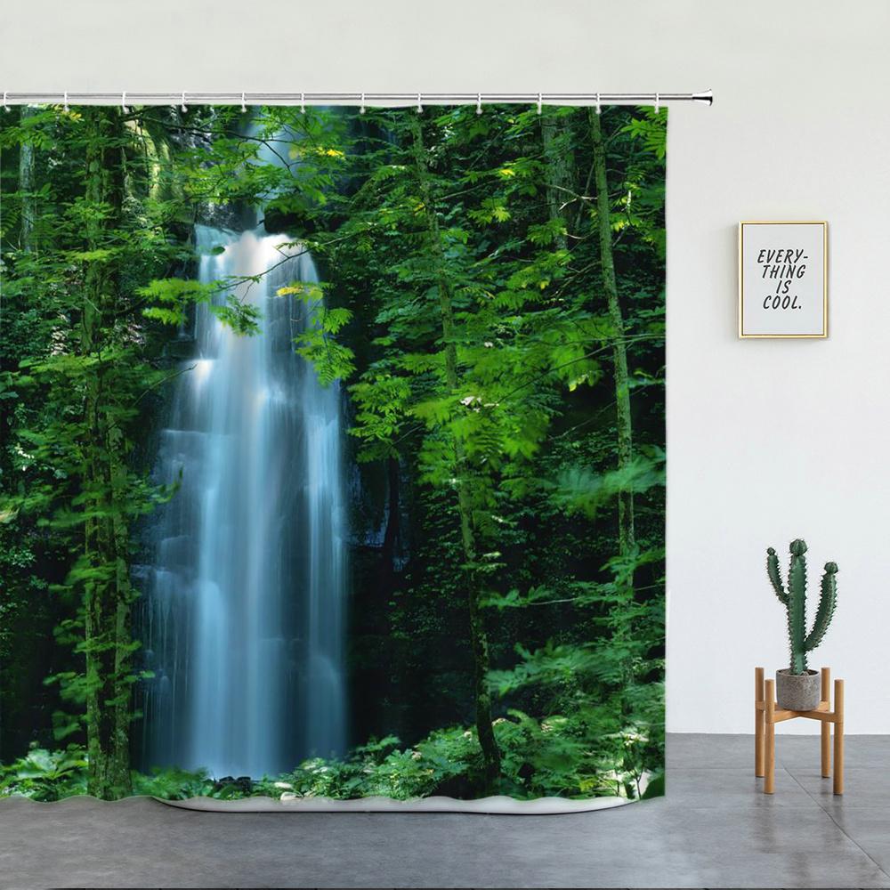 Tropischer Regenwald Landschaft Duschvorhänge Wald Wasserfall Schöne Naturszenerie Luxuriöse Badezimmer Dekoration Bildschirm Mit Haken