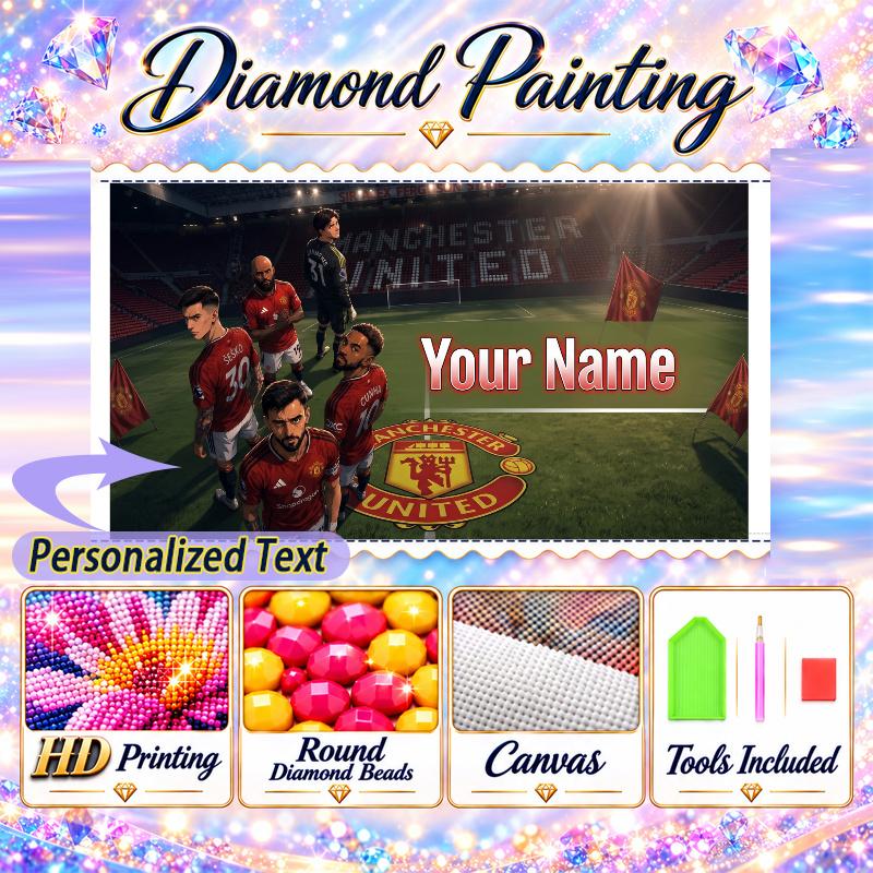 Manchester United FC 5D DIY Diamond Painting Custom Name Text, Full Drill Rhinestone Mosaic Art Home Gift
