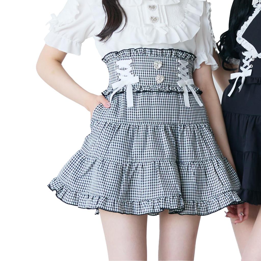 [Yumetembo] Mass-produced Landmine Style Clothing [Dear My Love] Women's Lace-Up Tiered Skirt 534459 Gingham Black