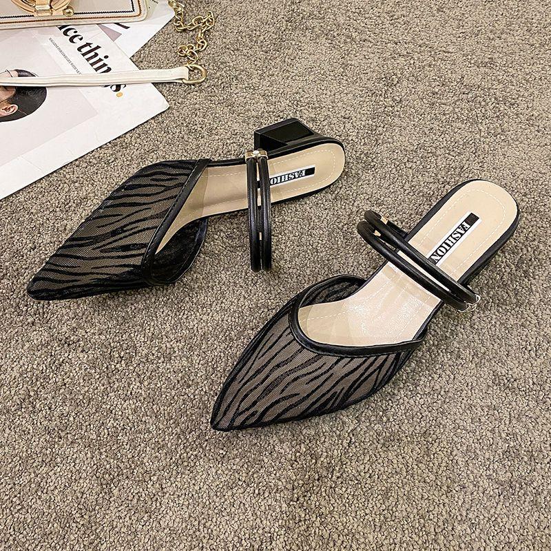 Sexy Damen Pantoletten und Damen Sandalen mit Absatz Pantoletten Spitzschuh Streifen Rutschfest Großhandel Lässig Bequeme Schuhe