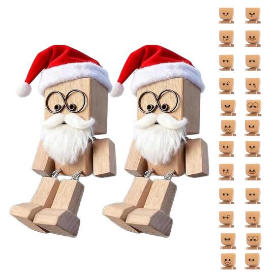 Christmas Shaking Wooden Man Figurine with Santa Hat And Beard Handmade Shaking Feet Wooden Doll with Magnetic Expressions for Car