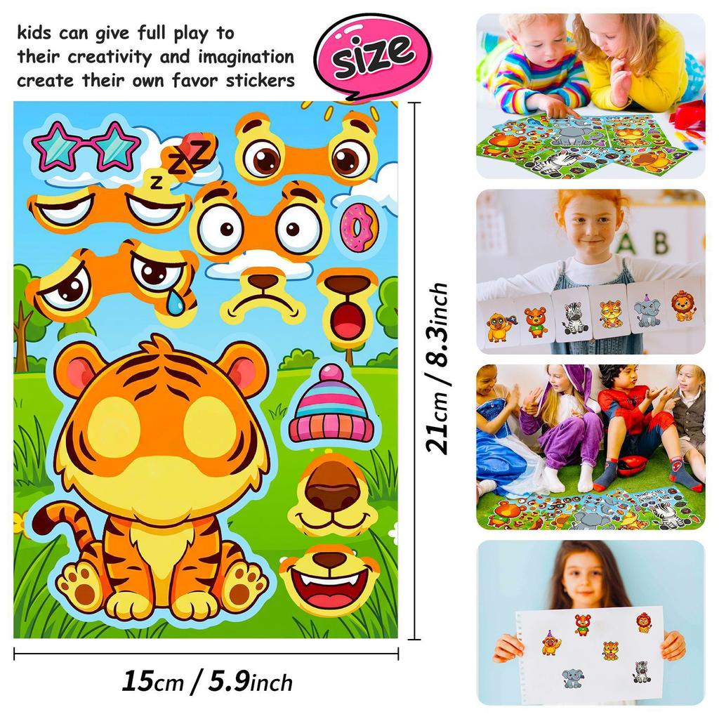 6 Sheets/Pack Cute Animal Face Stickers Diy Cartoon Animal Stickers Children'S Early Education Handmade Puzzle Stickers