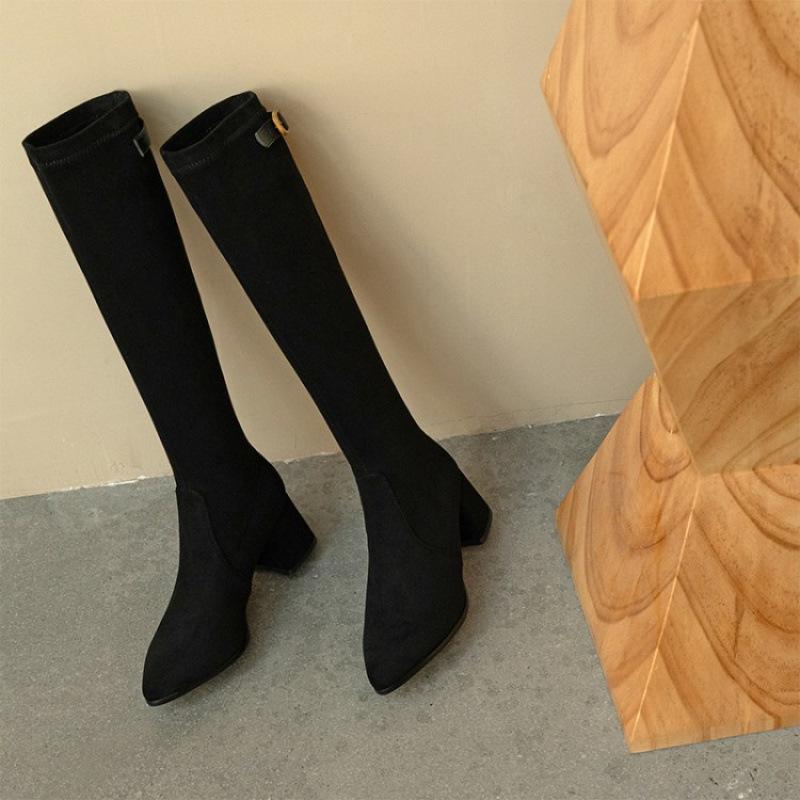 

European and American high-heeled fashion boots women s spring and autumn large-size women s boots suede black round head square and new high boots 39 чёрный