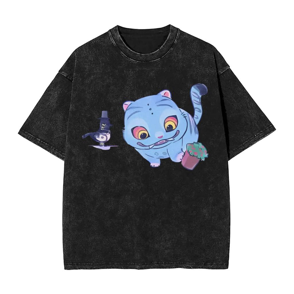 Derpy Blue Tiger Play With Pot Washed T Shirts O-Neck Oversize KPop Demon Hunters Streetwear Cotton Top Tees For Men Women