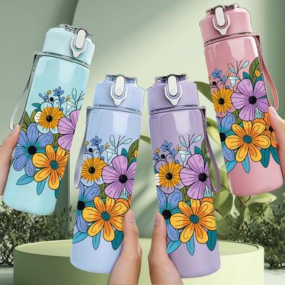 1PC Bright Wildflower Bouquet Print 750ml Color Plastic Sports Water Bottle Leakproof Flip Straw Lid Suitable for Sports Office Home Use