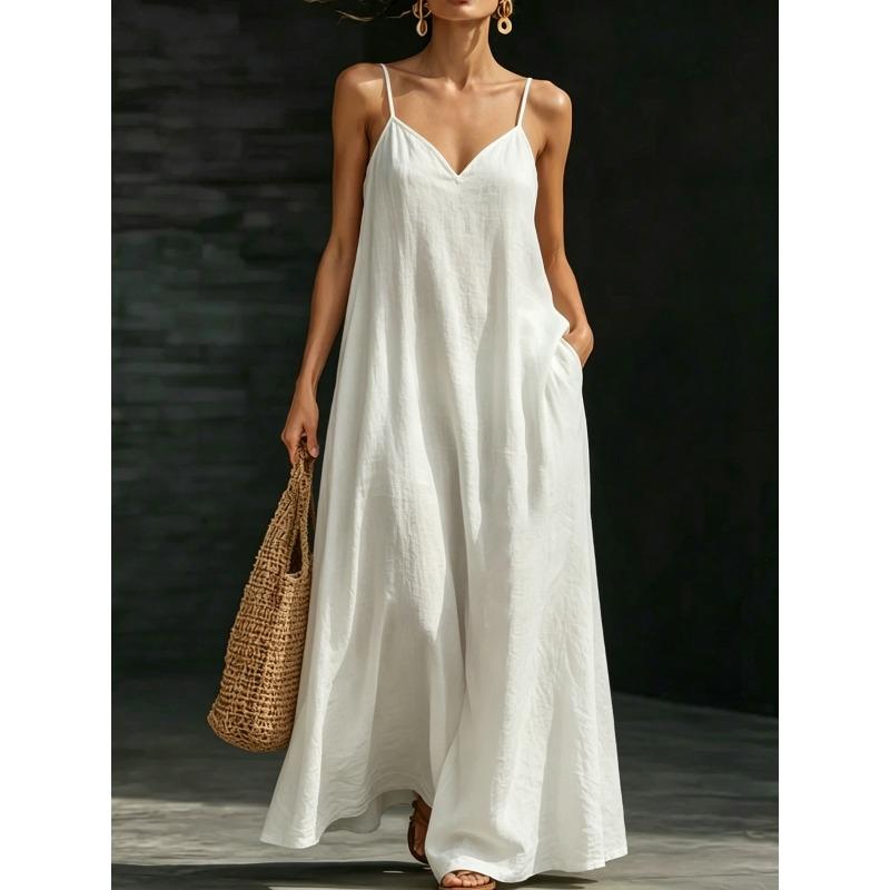 JPNTKY Women's Fashion Summer Spring Solid Color Print V-Neck Sleeveless Casual Dresses