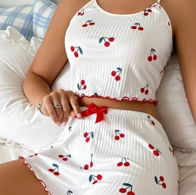 Niedliches Erdbeerdruck Pyjama-Set Damen Ärmelloses Oberteil Elastischer Bund Shorts Bequeme Nachtwäsche