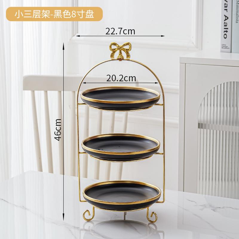 Golden Edged Double-layer Ceramic Tray, Cake Rack, Snack, Fruit Tray, Afternoon Tea Dessert Display Stand, Metal Bow Bracket