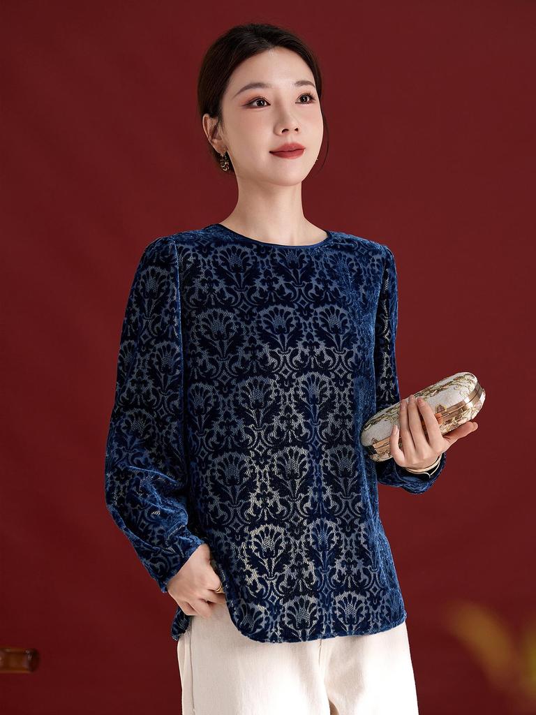 2025 Camicetta Casual Girocollo Manica Lunga in Velluto di Seta Mulberry Burnout 1853