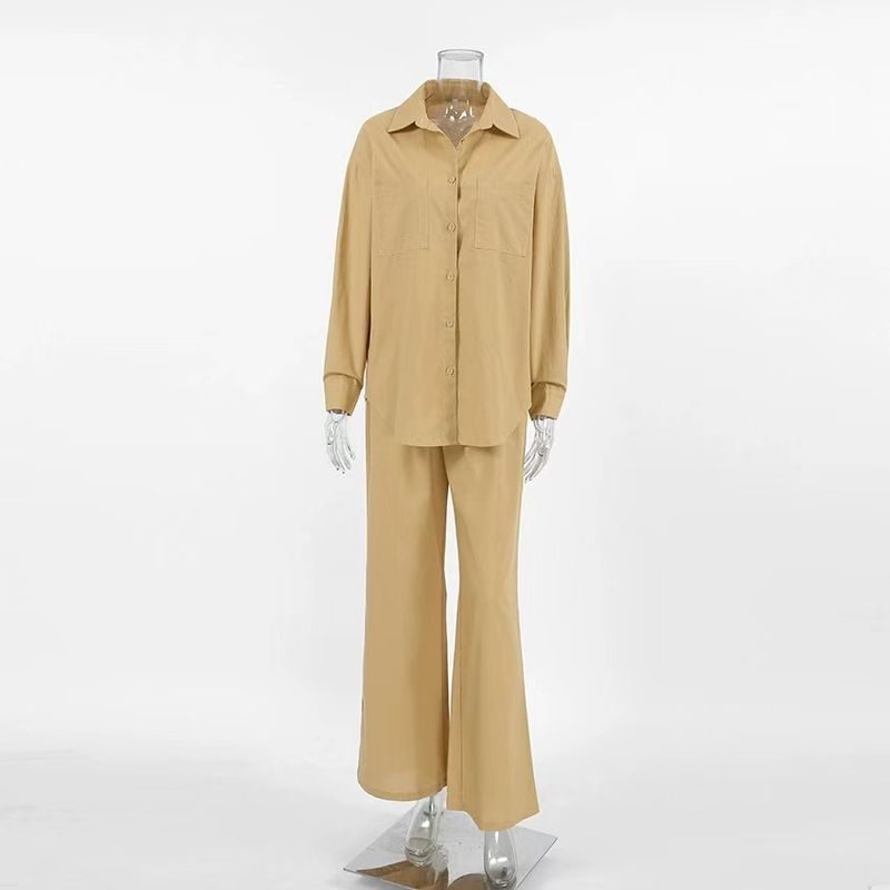 

Новое поступление Французский стиль Ретро лацкан Рубашка с длинным рукавом Брюки с высокой талией Повседневный костюм Комплект рубашки и брюк Khaki L