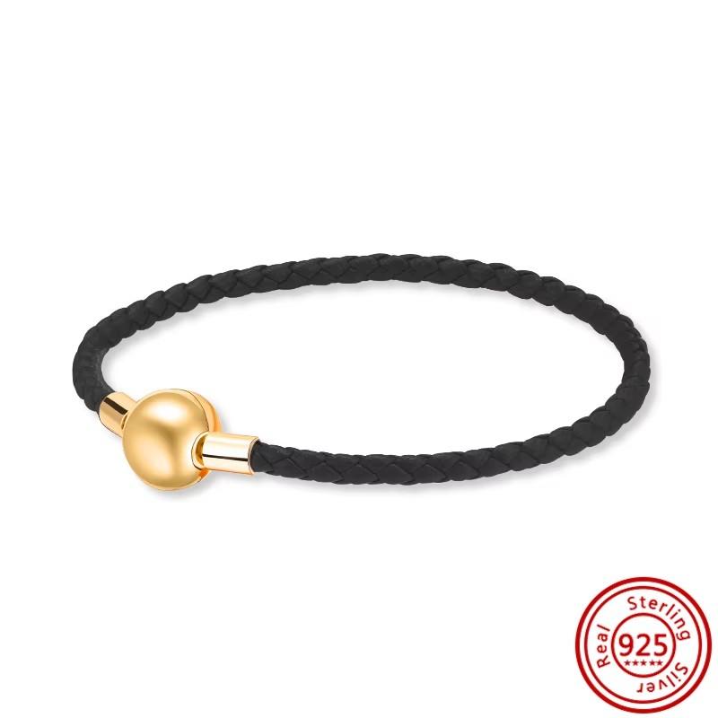 High Quality 100% S925 Sterling Silver Clasp Charm Bead Woven Leather Bracelet for Women & Children's Trendy Gift Jewelry