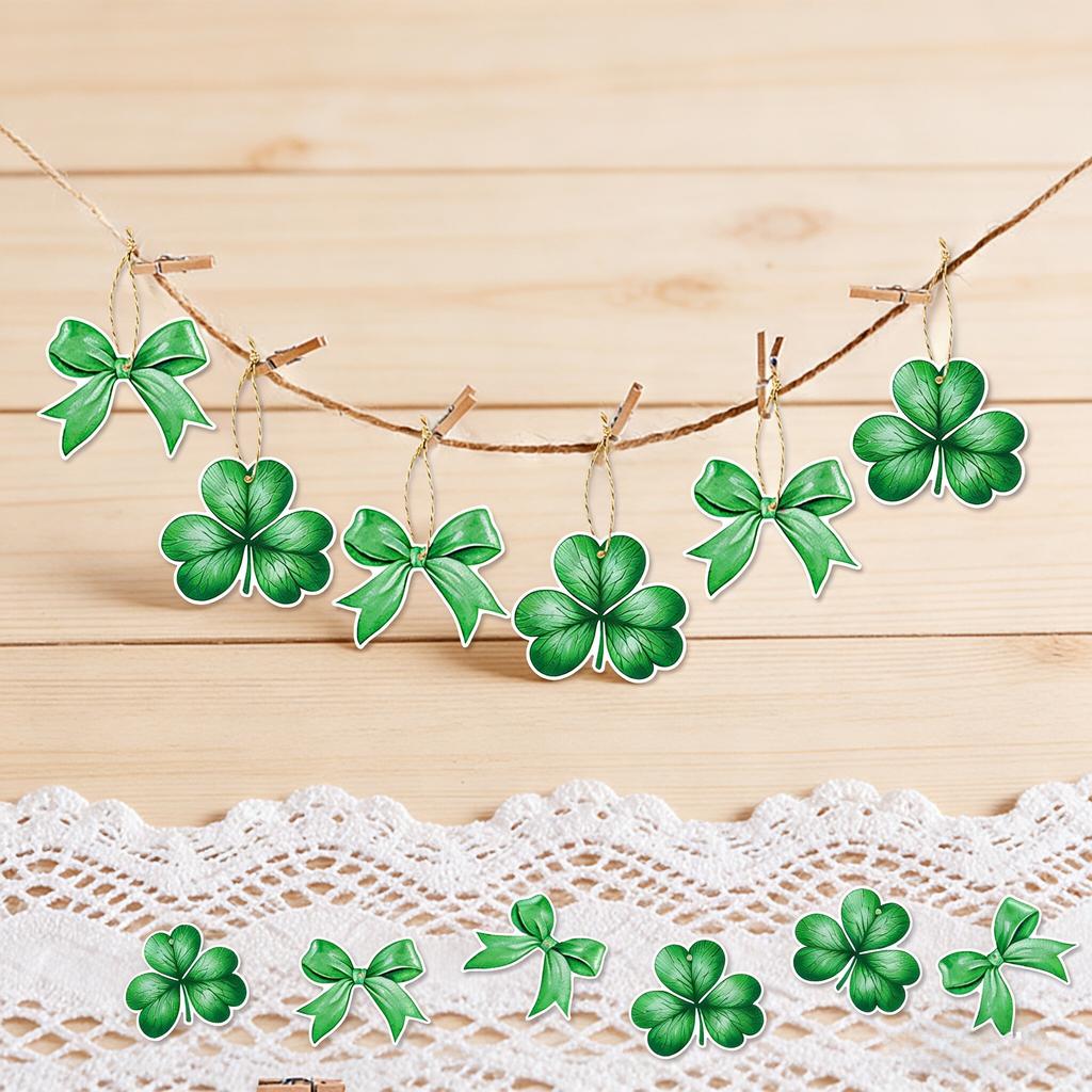 18pcs St. Patrick's Day Hanging, Green Clover, Bow, Irish Festival Gift Label, Office, Garden, Home Decoration, Party Decoration