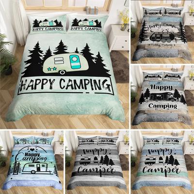 Poszwa na kołdrę Happy Camping Queen Kreskówkowy zestaw pościeli kempingowej Karawana Styl Farmhouse 3D Pokrowiec na kołdrę Camper z poszewkami na poduszki