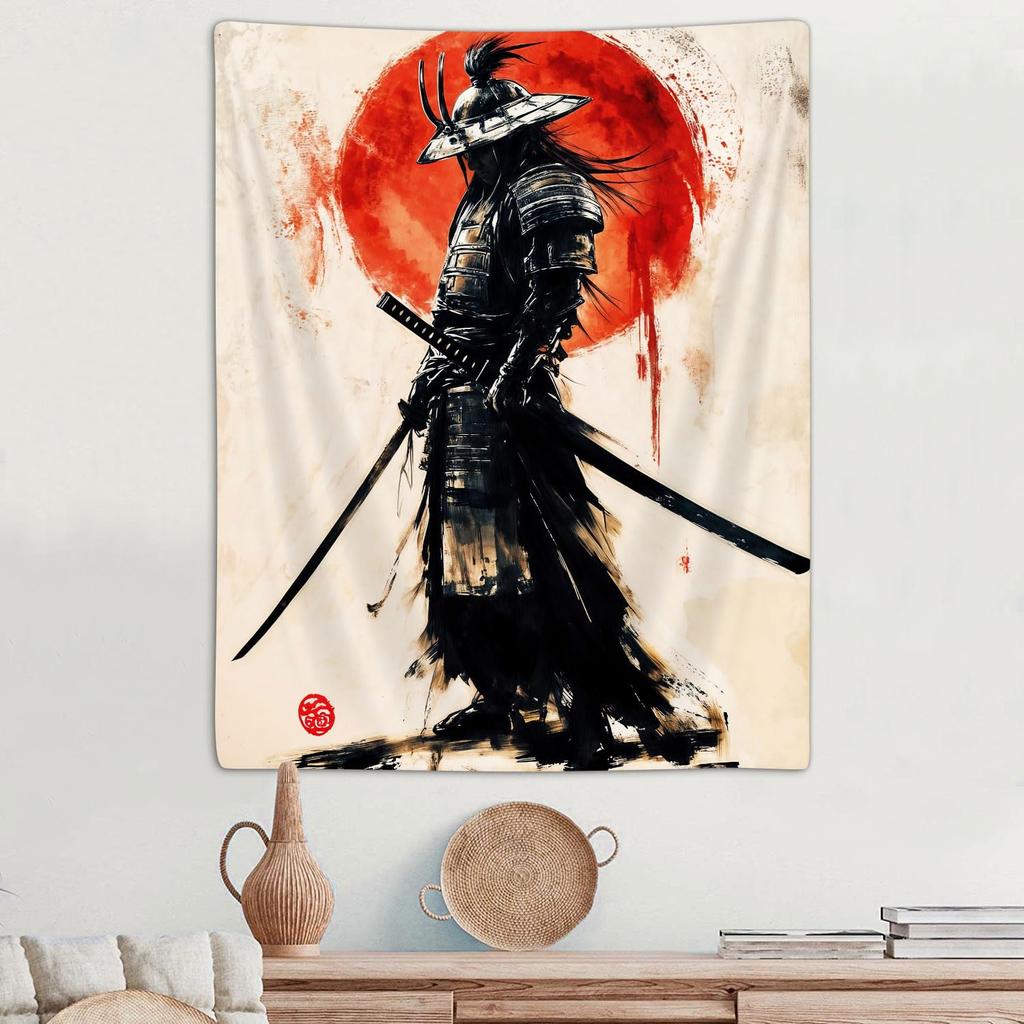 Sanzugh Japanese Samurai Tapestry, Cool Black Red Sun Anime Wall Hanging, Aesthetic Decor For Men'S Bedroom & Dorm