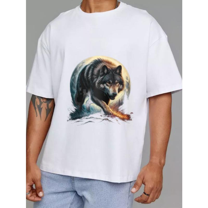Wolf T-Shirt White Wolf and Moon Print for Outdoor and Casual Wear