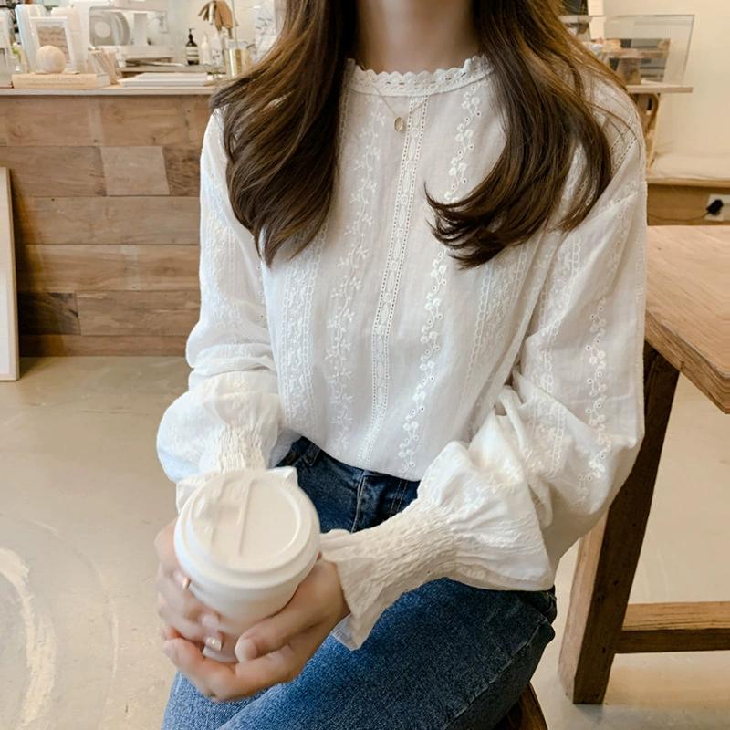 Maglia da Donna Primavera Manica a Lanterna Fondo in Pizzo Tinta Unita Giuntura Girocollo Manica Lunga Pullover Top