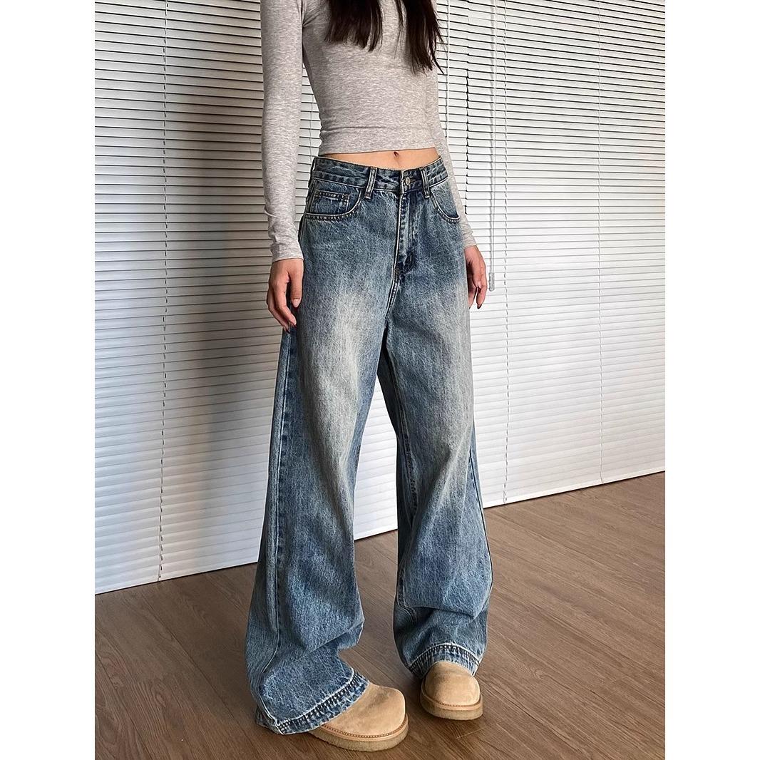 Women s Washed Blue Gradient Retro Jeans Straight-Fit Long Pants 3XL