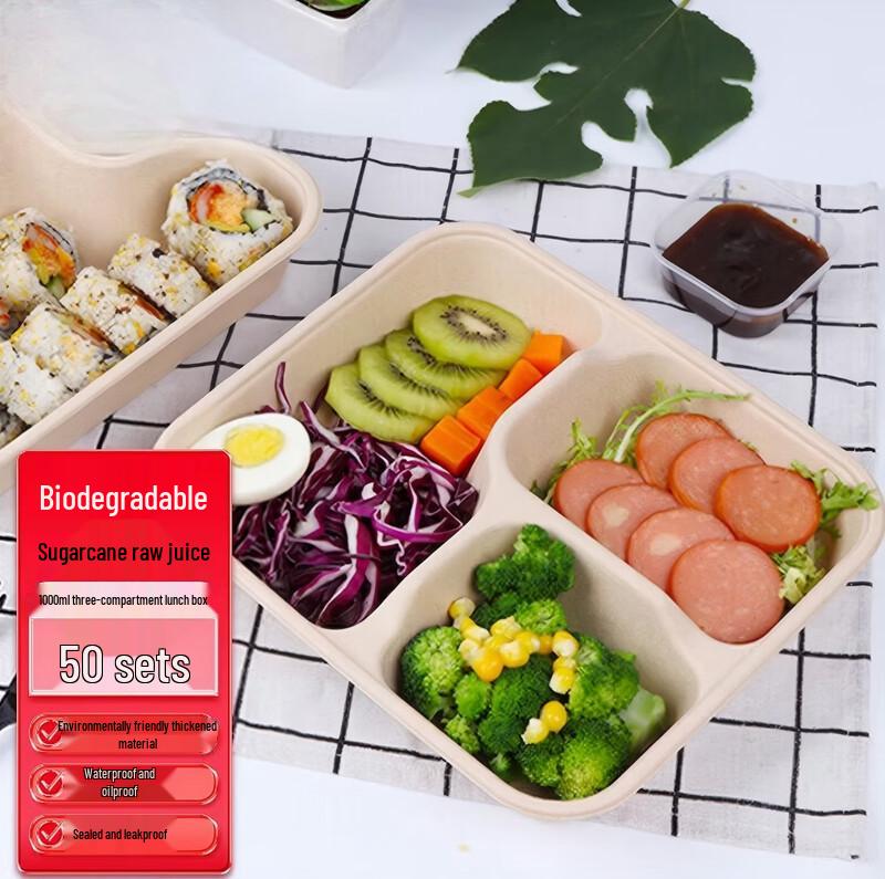 Degradable Bagasse Pulp 3-Compartment Meal Box with Lid