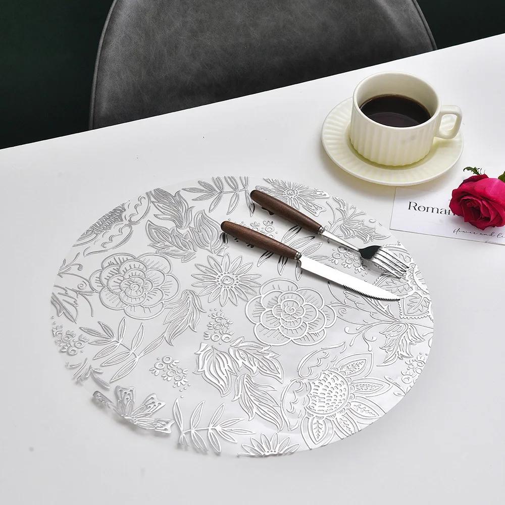 1pc Round Flower Petal Placemat Transparent PVC Waterproof and Heat-insulating PP Printed High-end Dining Table Decoration Mat