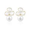 Three Petal Flower Imitation Pearl Enamel Stud Earrings for Women Simple Temperament Fashion Sweet Personality Jewelry Gift