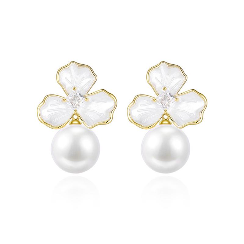 Three Petal Flower Imitation Pearl Enamel Stud Earrings for Women Simple Temperament Fashion Sweet Personality Jewelry Gift
