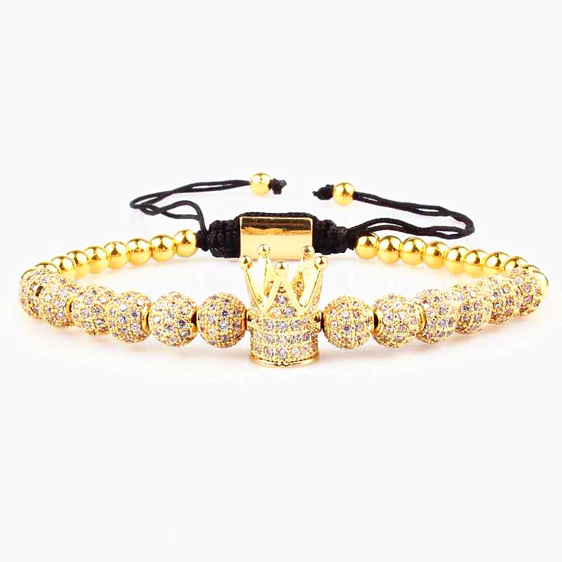 Stylish Micro-inlaid Zircon Punk CZ Ball Crown Woven Bracelet