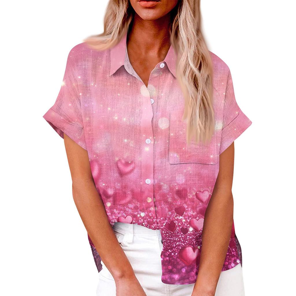 Women's Loose Casual Short Sleeved Lapel Button Digital Print With Pocket Shirt Top