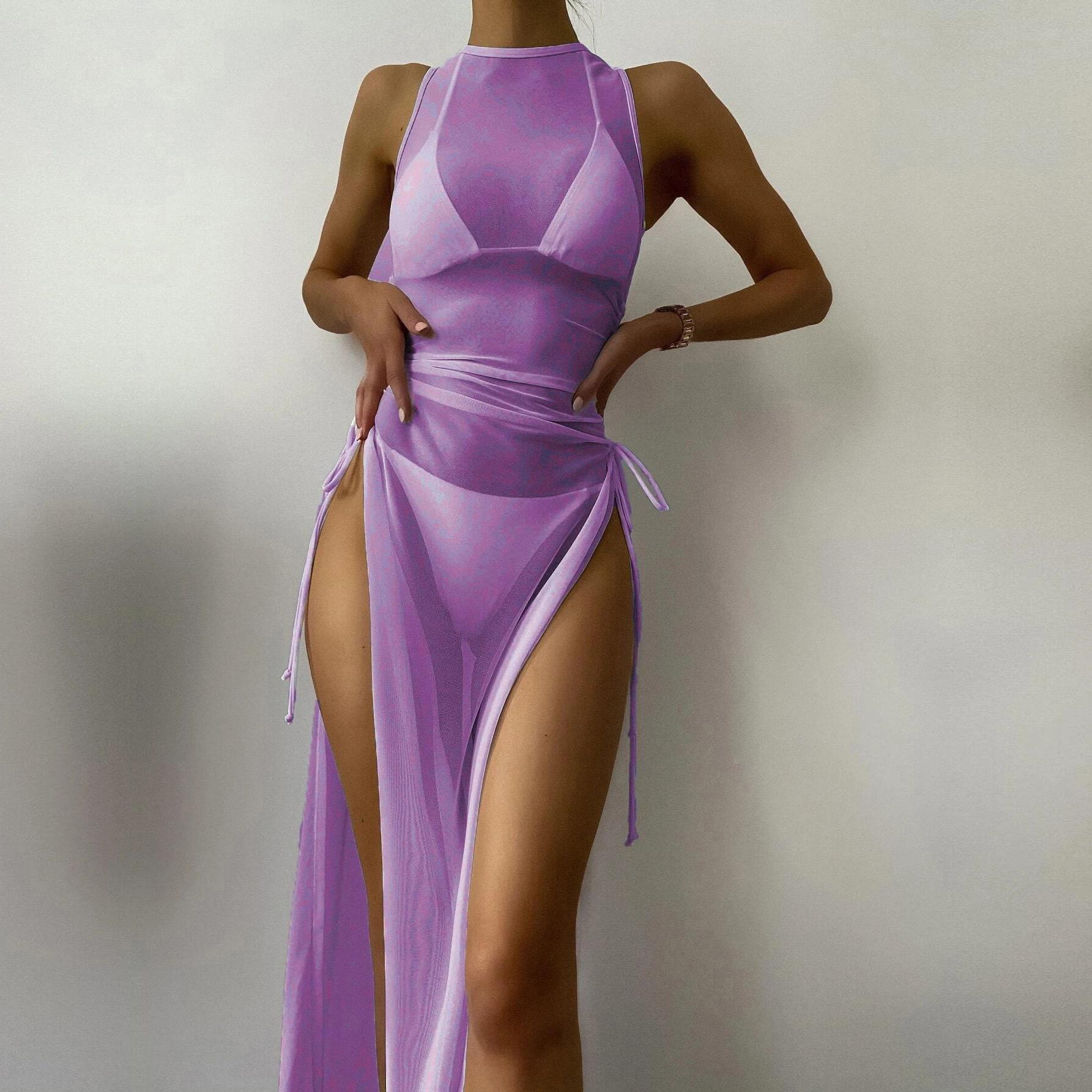 

Купальник женский с разрезом на трехточечной завязке, сплошной цвет, сетчатые комплекты бикини из трех частей S светло-фиолетовый