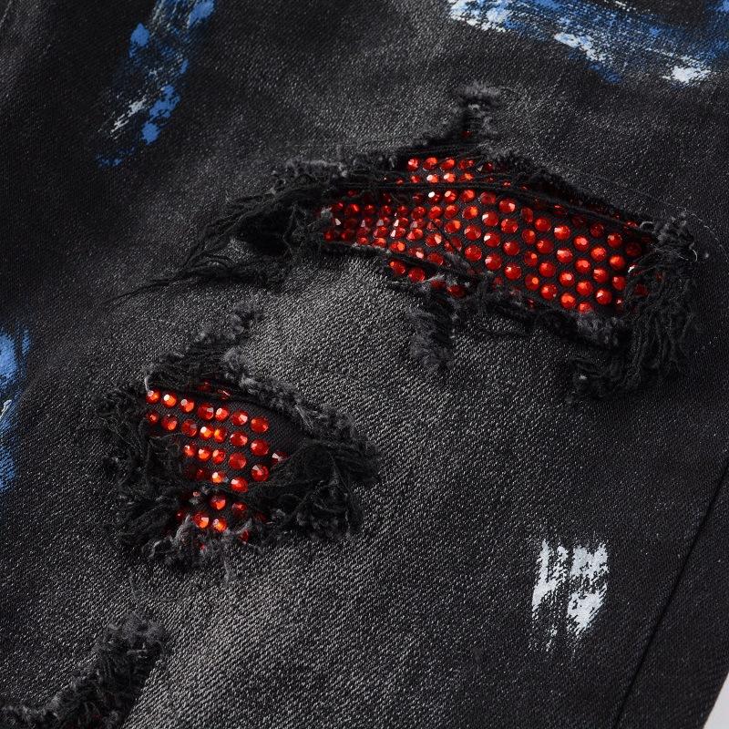Unisex Vintage Crystal Stretch Denim Skinny Jeans Painted Holes Ripped Tapered Pants Men Streetwear Patchwork Black Trousers