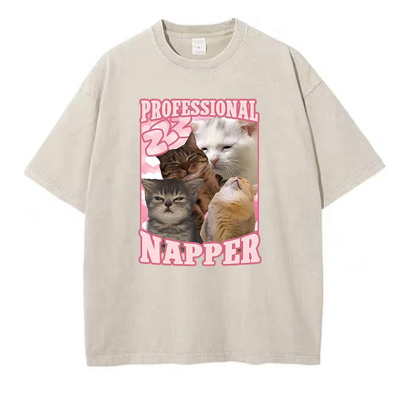Aesthetics Kawaii Cat T Shirt Vintage Washed Cotton T-Shirt Graphic Tee Casual Streetwear Spring Summer Clothes
